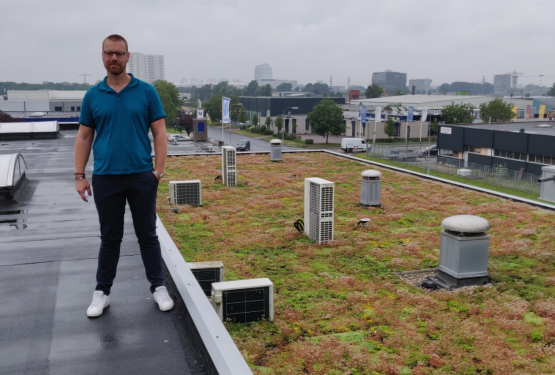Groen dak met manspersoon